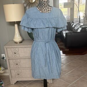 J Crew Chambray Ruffle Belted Dress - Light Blue